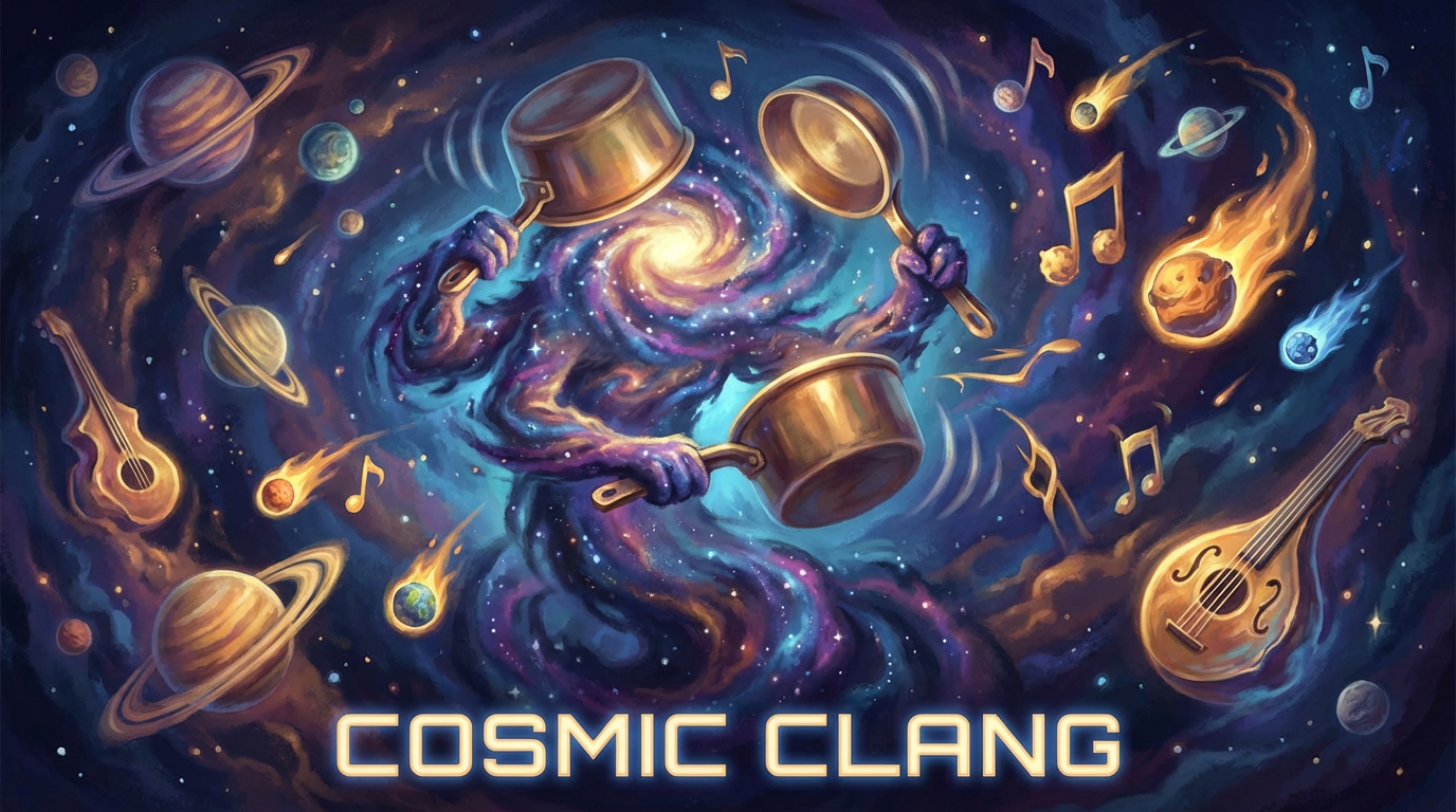 A multi-armed nebula figure playing pots and pans in space with text COSMIC CLANG.