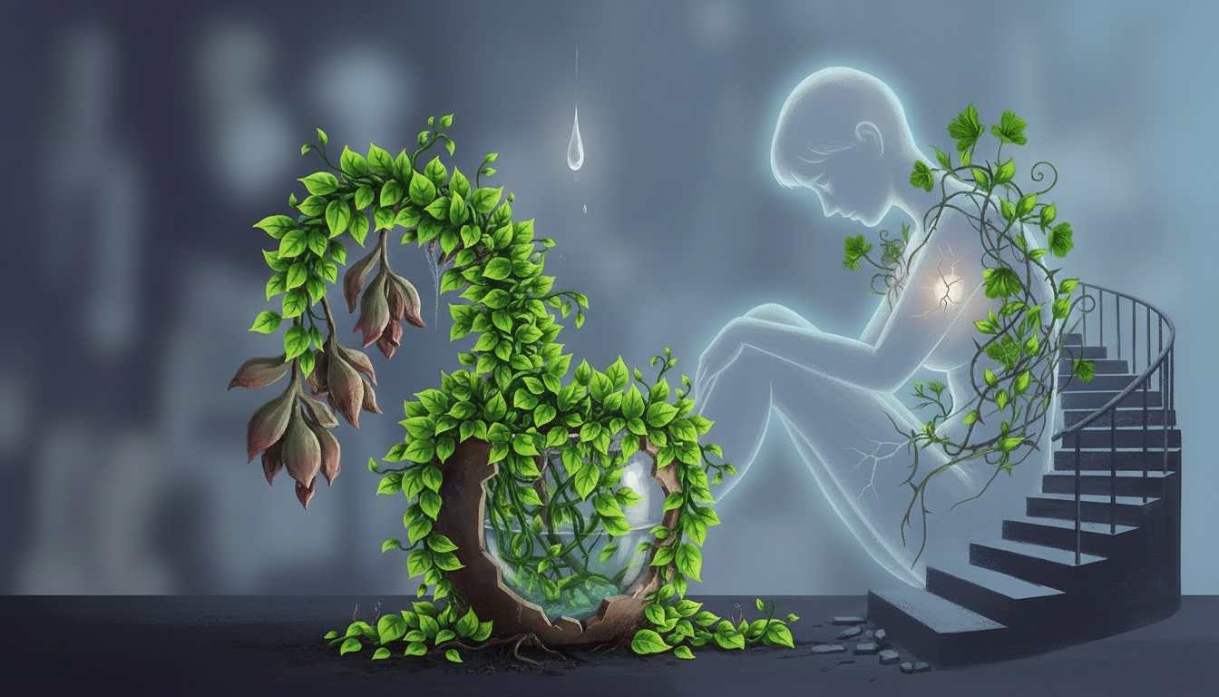 Glowing translucent figure sitting beside a broken pot containing a wilting, coiled plant.