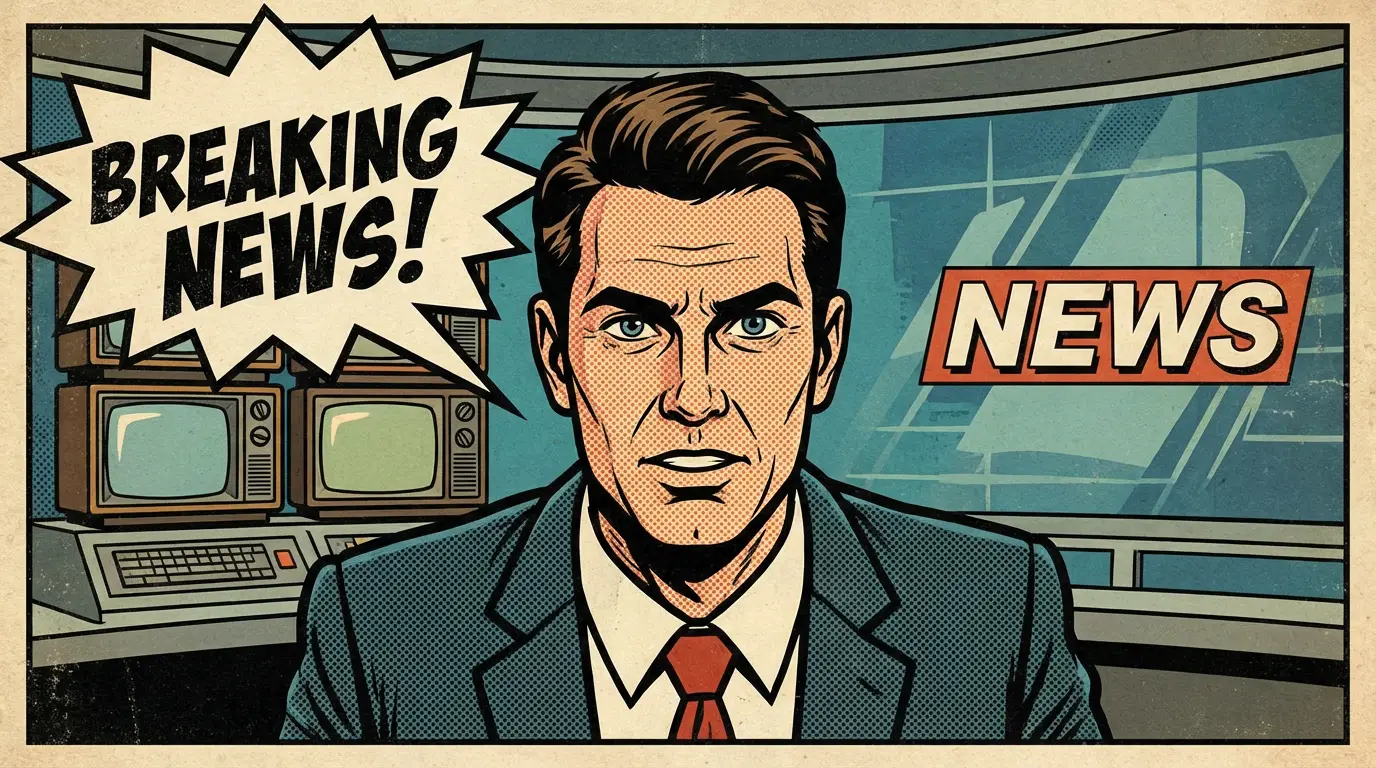 Pop art news anchor with text BREAKING NEWS! and NEWS in a studio.