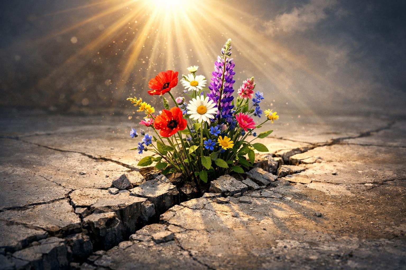 Colorful wildflowers emerging from a crack in dry, cracked concrete under sunlight