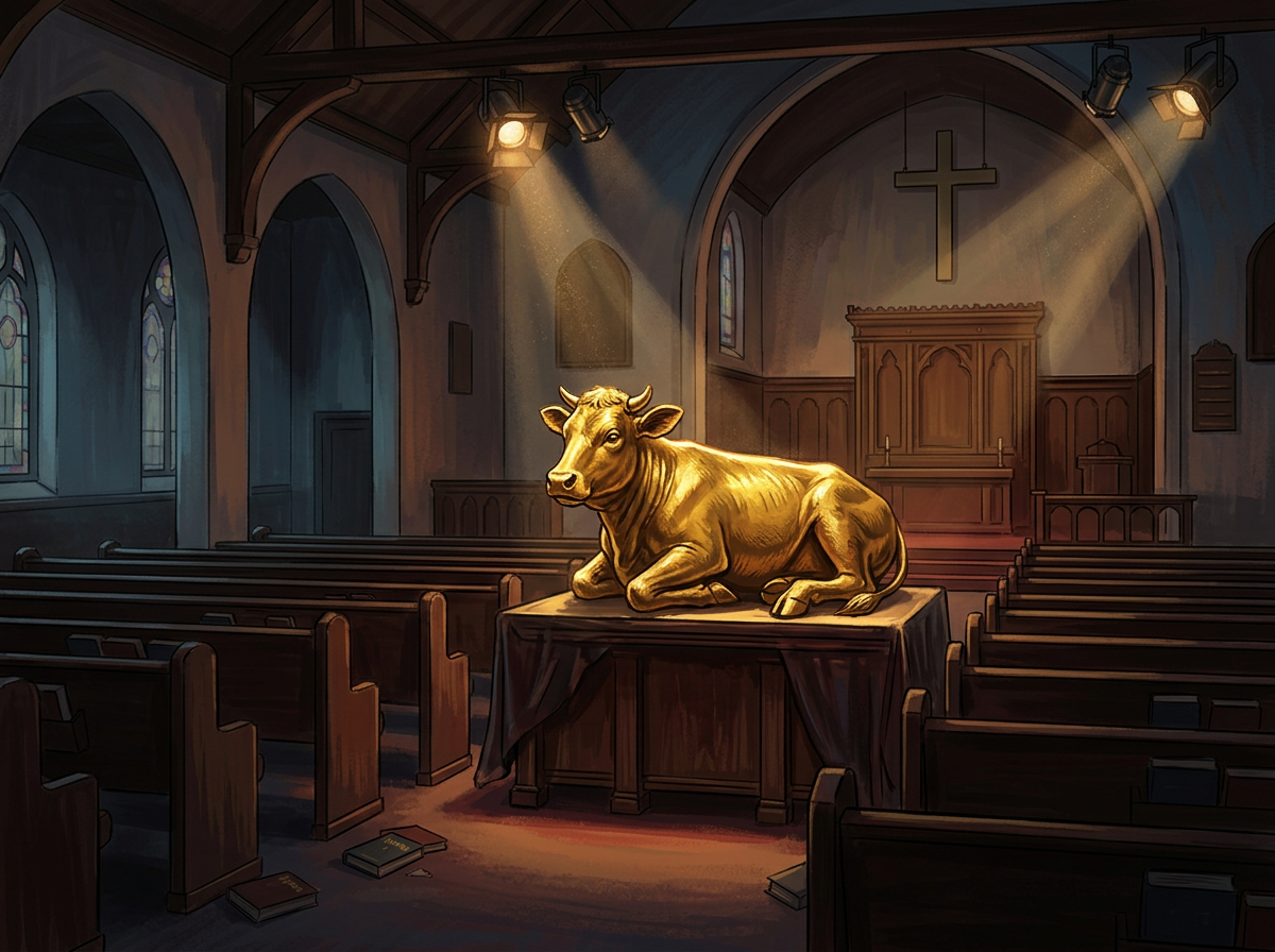 Golden calf statue on a table inside a church with pews and cross