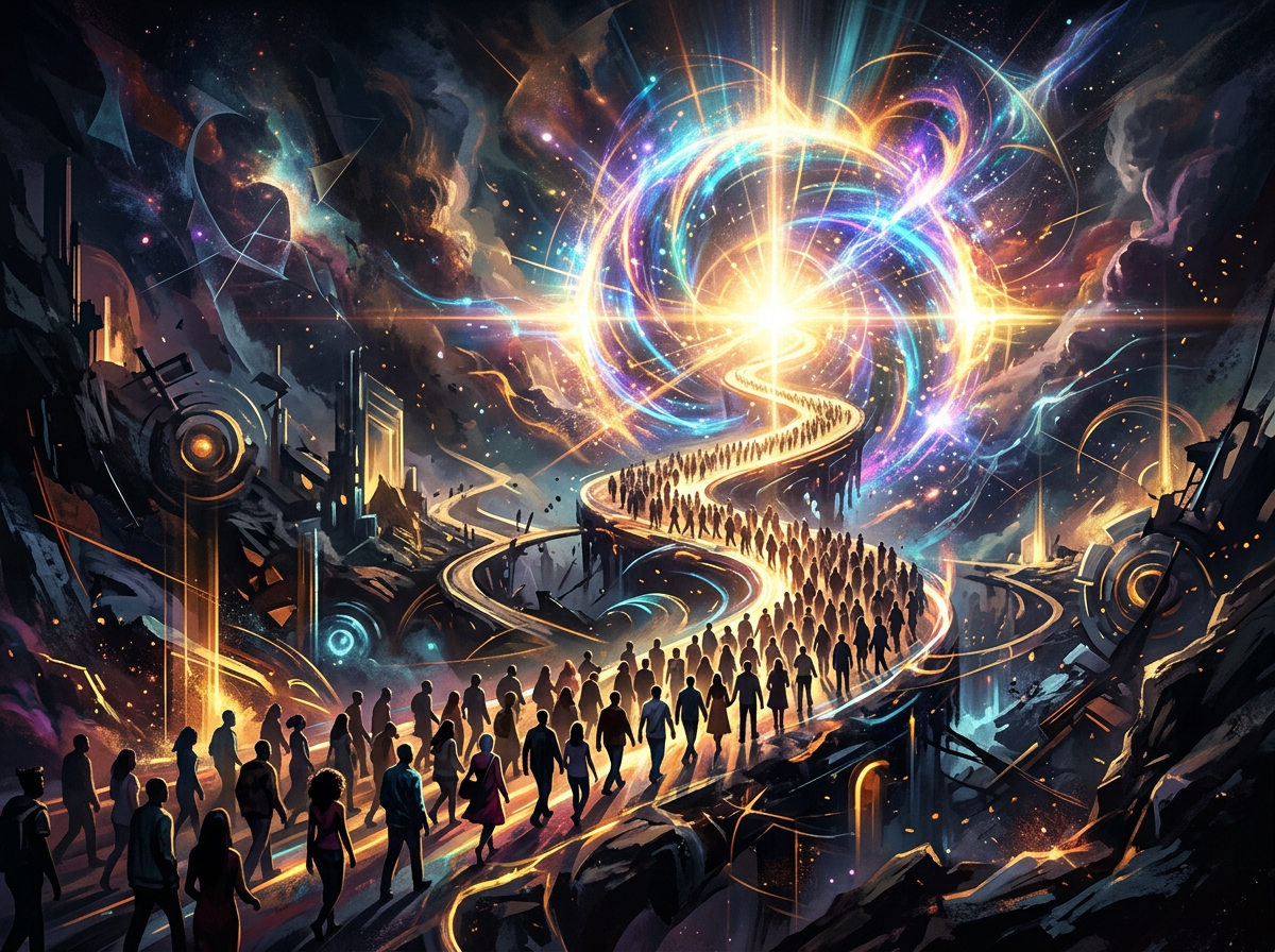Crowd walking on winding illuminated path leading to bright cosmic vortex