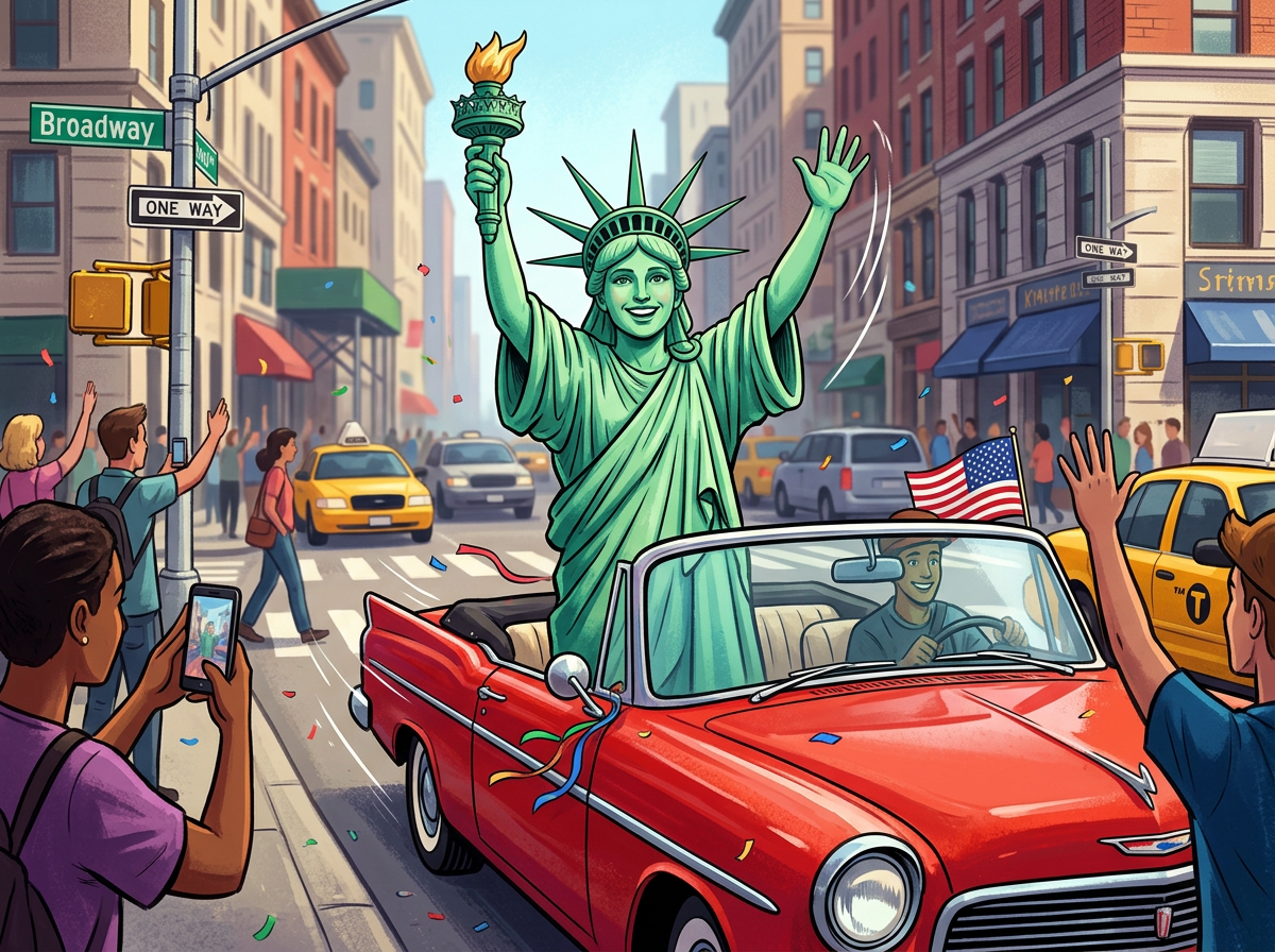 Statue of Liberty waving from a red convertible car on a busy city street with onlookers and taxis