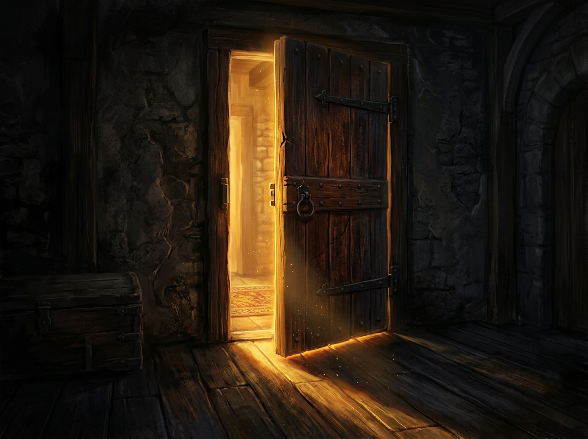 Old wooden door partially open with warm golden light shining through