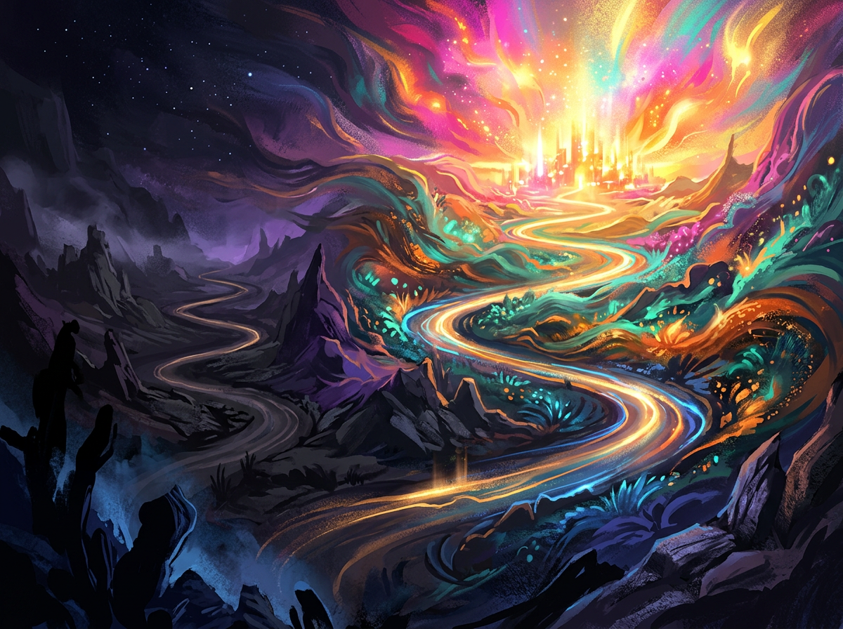 A vibrant glowing river flowing through a dark mountainous landscape toward a bright, colorful city under a starry sky