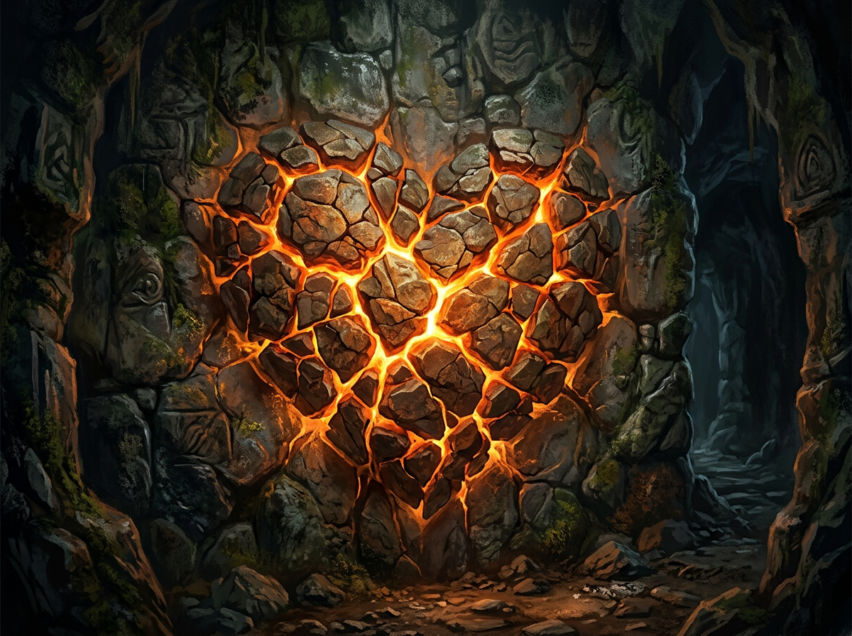 Heart-shaped formation of glowing cracked lava within stone cave wall