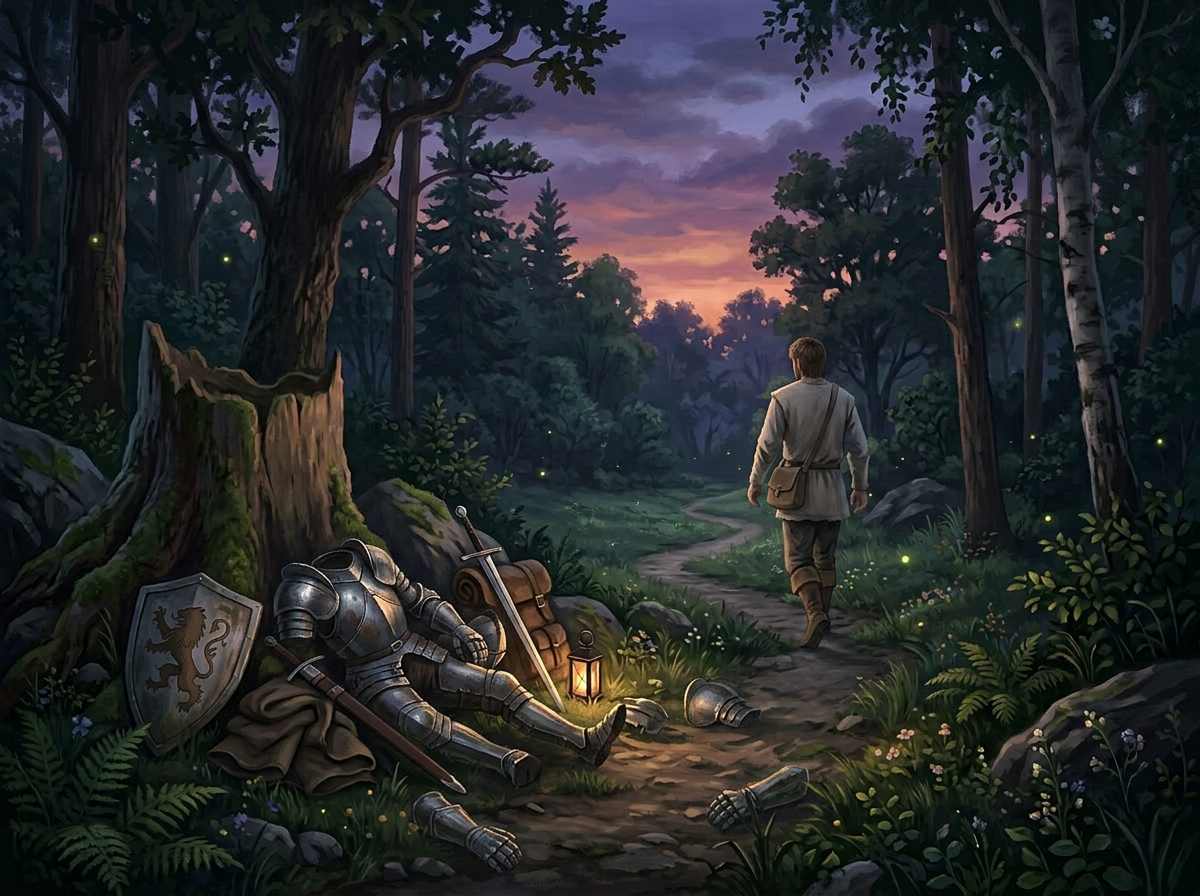 Knight in full armor resting against tree stump on forest path at dusk