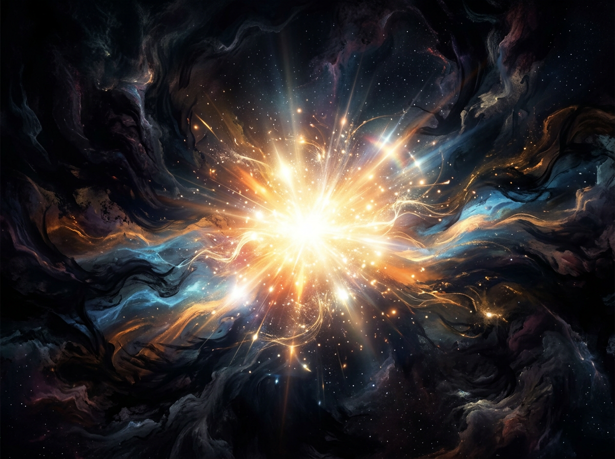 Bright cosmic explosion with glowing energy and colorful swirling clouds