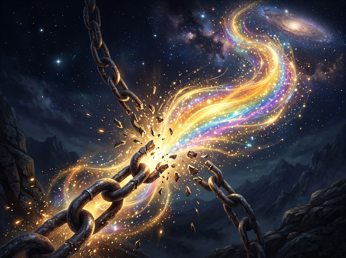 A heavy chain breaking with glowing multicolored energy bursting out