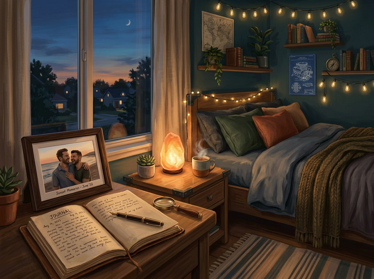 Cozy bedroom with bed, string lights, salt lamp, journal, and framed photo by window at dusk