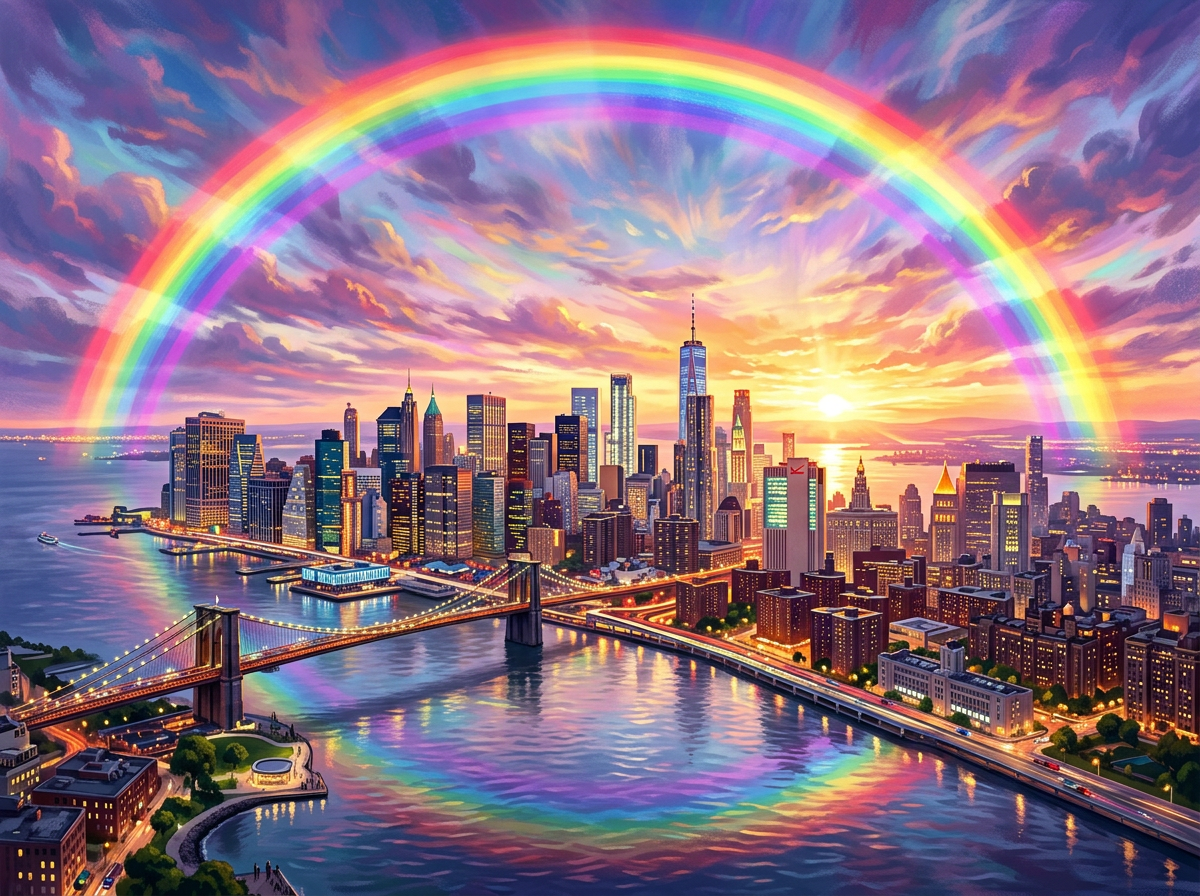 Rainbow arching over New York City skyline with sunset and water reflections