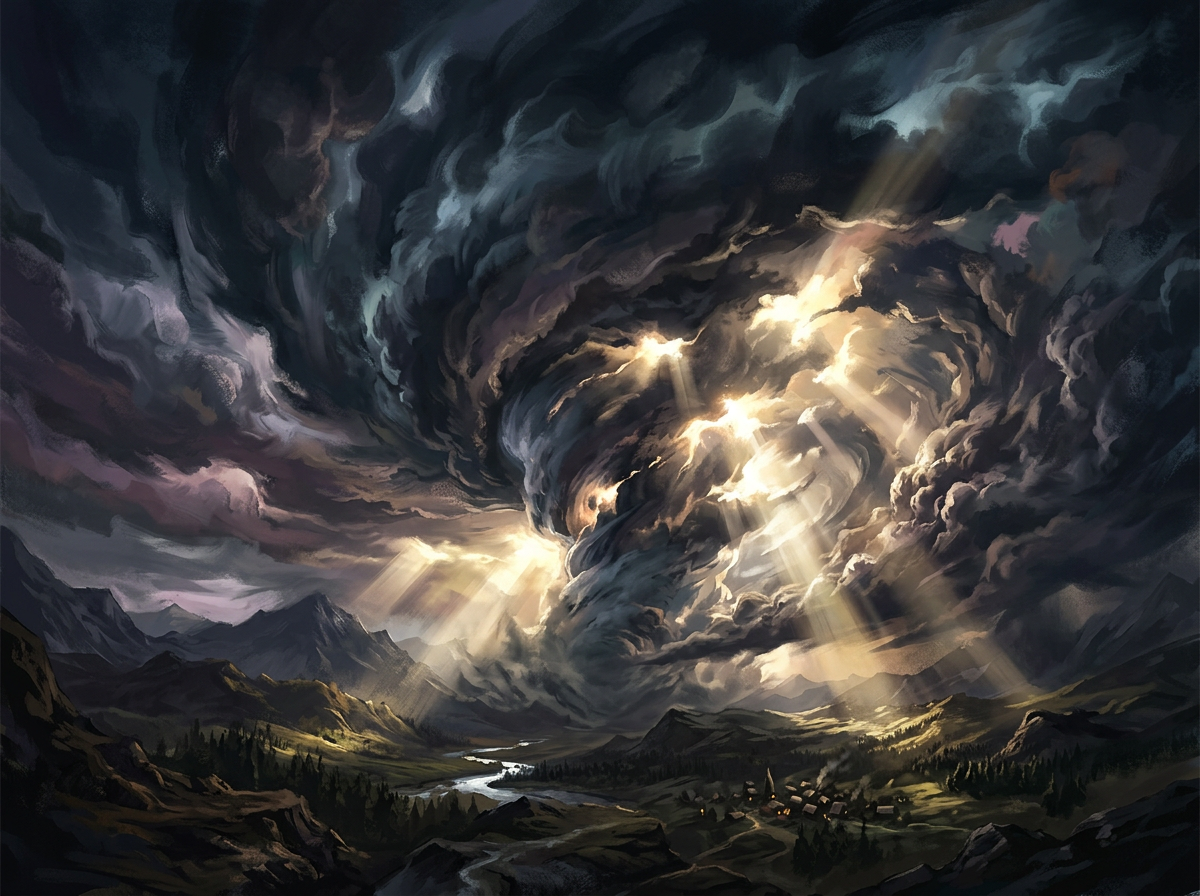 Swirling dark storm clouds with rays of sunlight over mountains and a village
