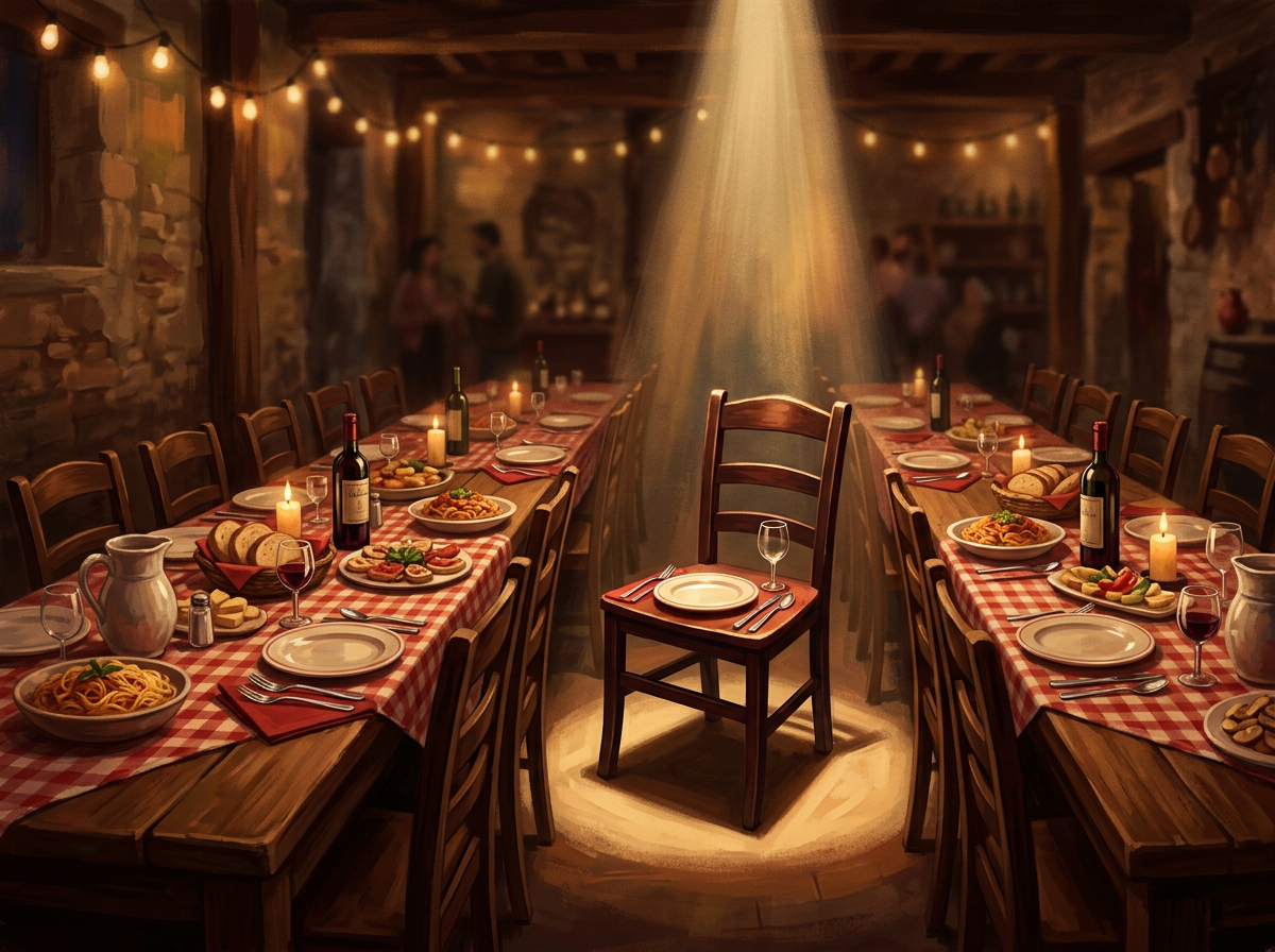 Long rustic table with red checkered tablecloth, set with plates, wine, food, and candles, with one chair in spotlight