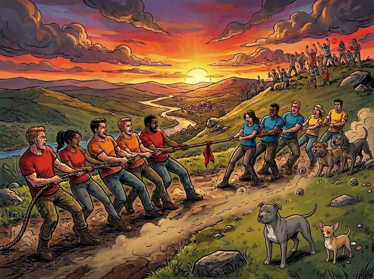 Two teams pulling a rope in a tug of war at sunset, with names and cheers and dogs nearby