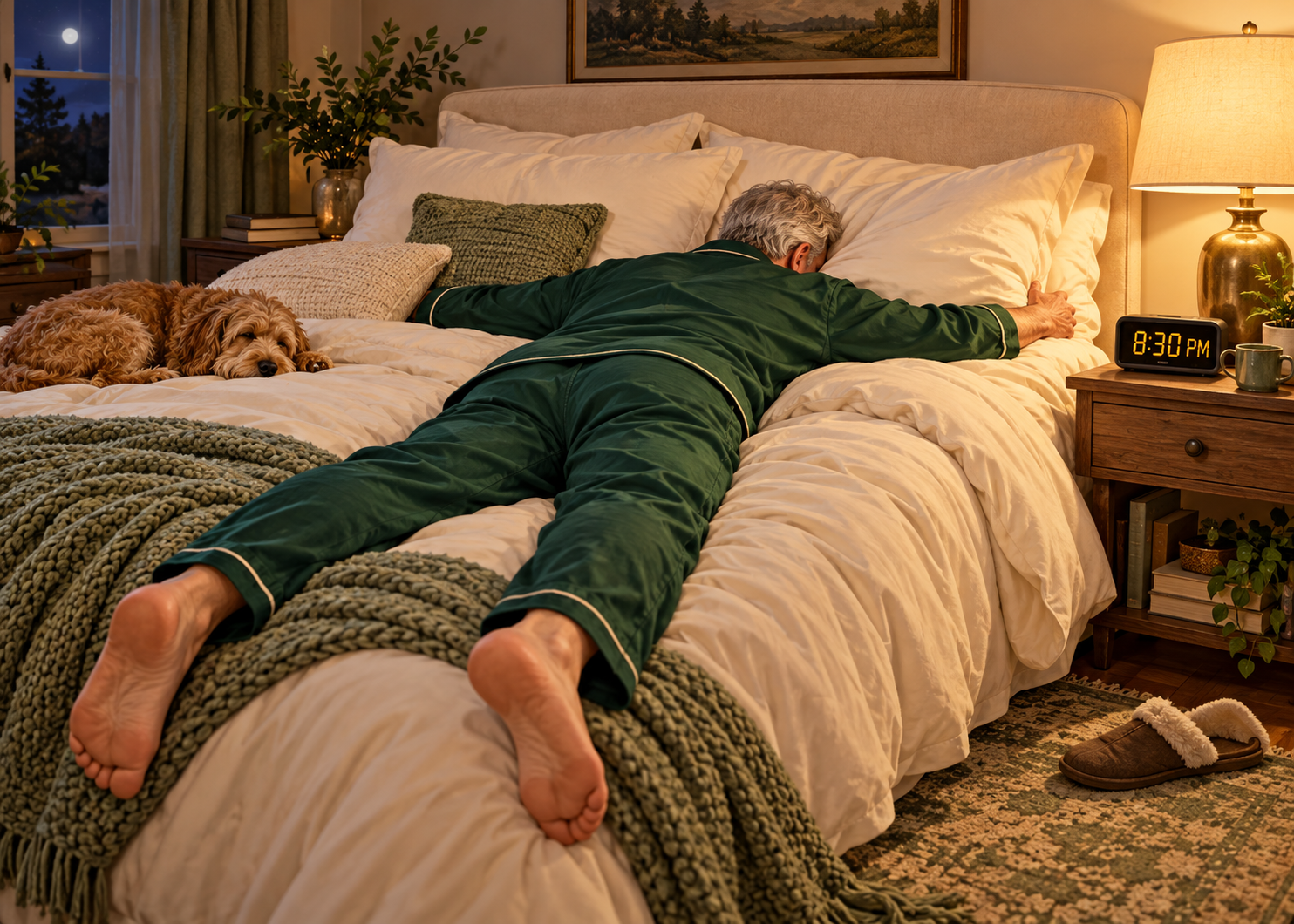 A silver-haired man in forest-green pajamas lies face-down across a cozy cream bed beside a sleeping dog and a clock reading 8:30 PM.